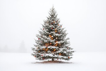 Fototapeta premium A snow-covered Christmas tree adorned with red and orange ornaments and twinkling lights stands isolated in a snowy landscape.