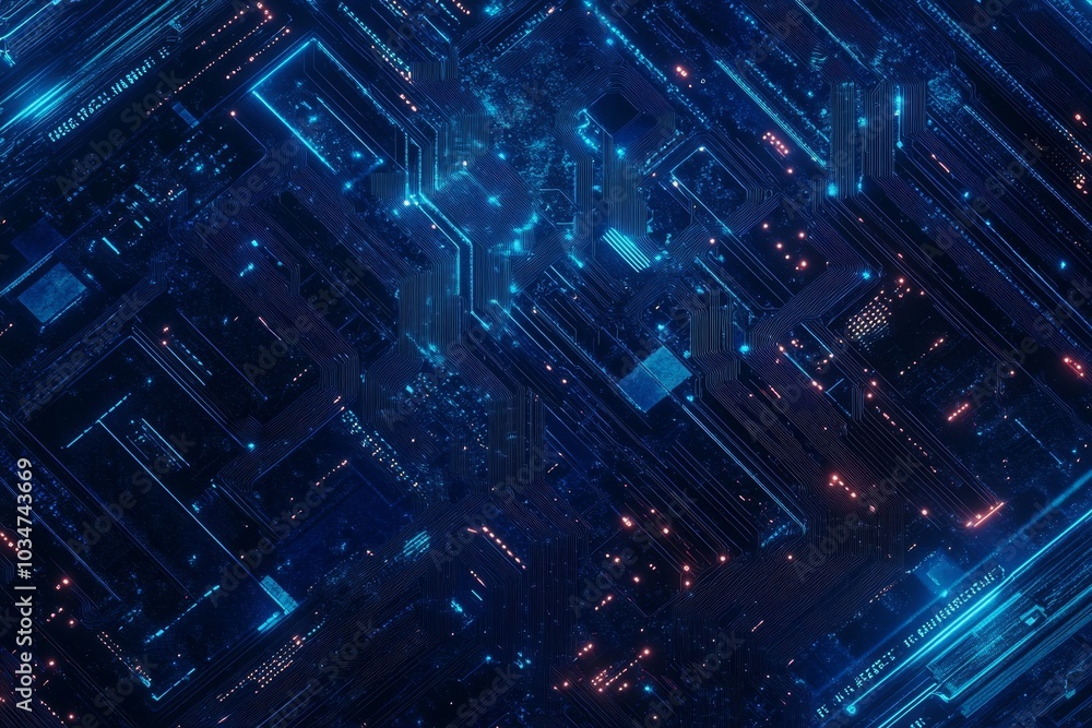 Poster abstract digital circuit board with glowing lines and squares.