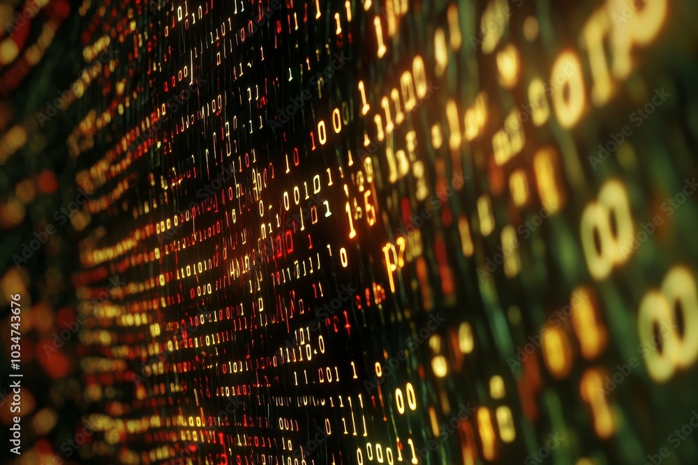Aufkleber abstract digital code background with binary numbers and glowing light effects in yellow and red.