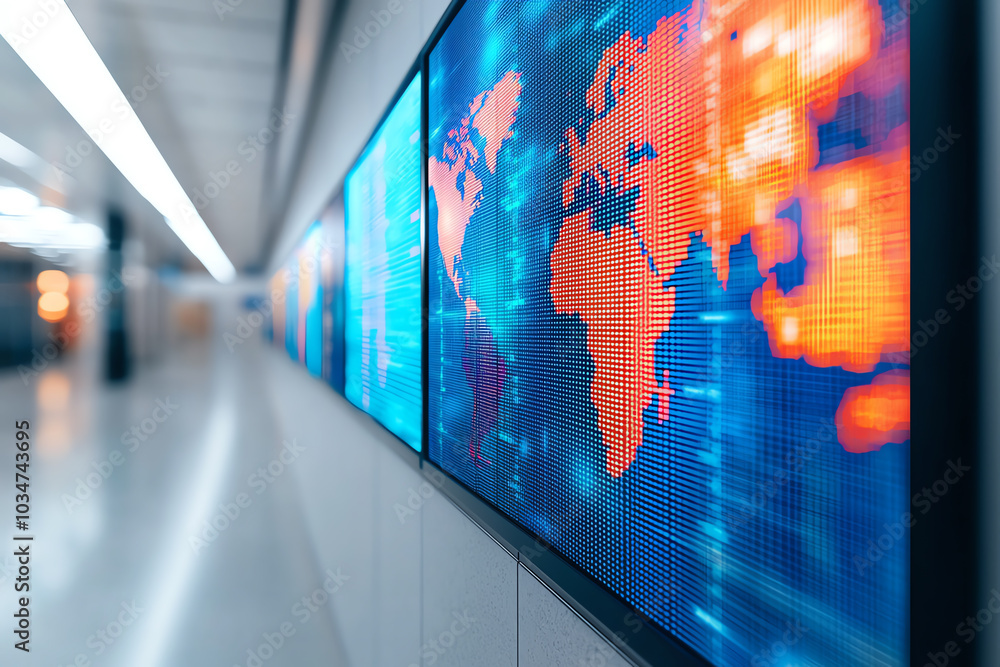 Poster digital world map display in modern environment