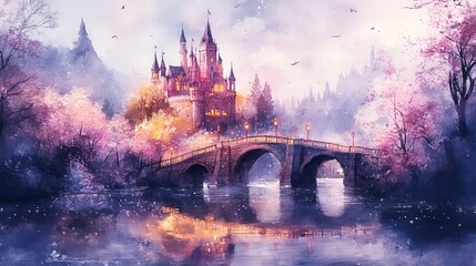 Fototapeta premium Bridge of blossoms to a shimmering pink castle, lush greenery, twinkling river under moonlight, fantasy, watercolor, soft tones