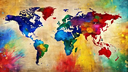 A vibrant abstract world map painted in a multitude of colors on a textured canvas background