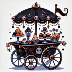 Whimsical Gothic Inspired Dessert Cart Filled with Spooky Treats and Confections