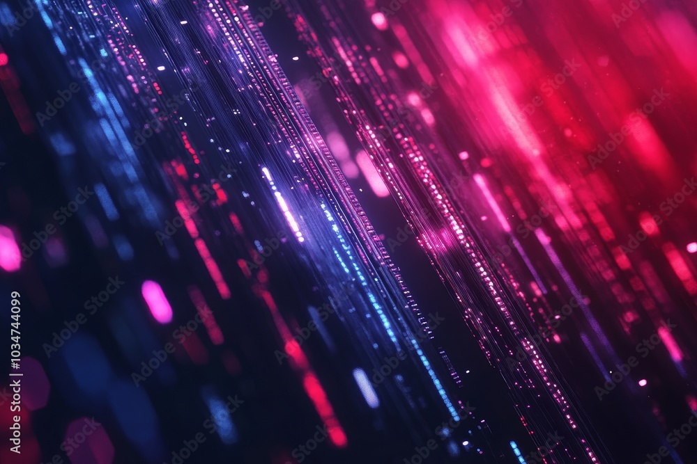 Poster abstract background with diagonal lines of red and blue light streaks, creating a futuristic and dyn