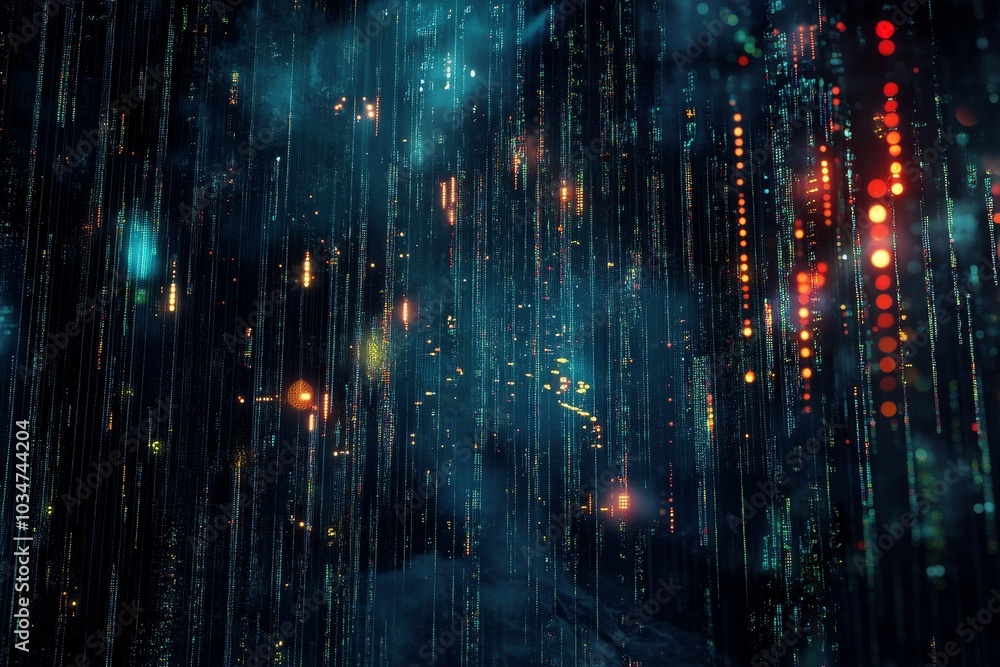 Aufkleber abstract digital rain background with glowing particles and lines.