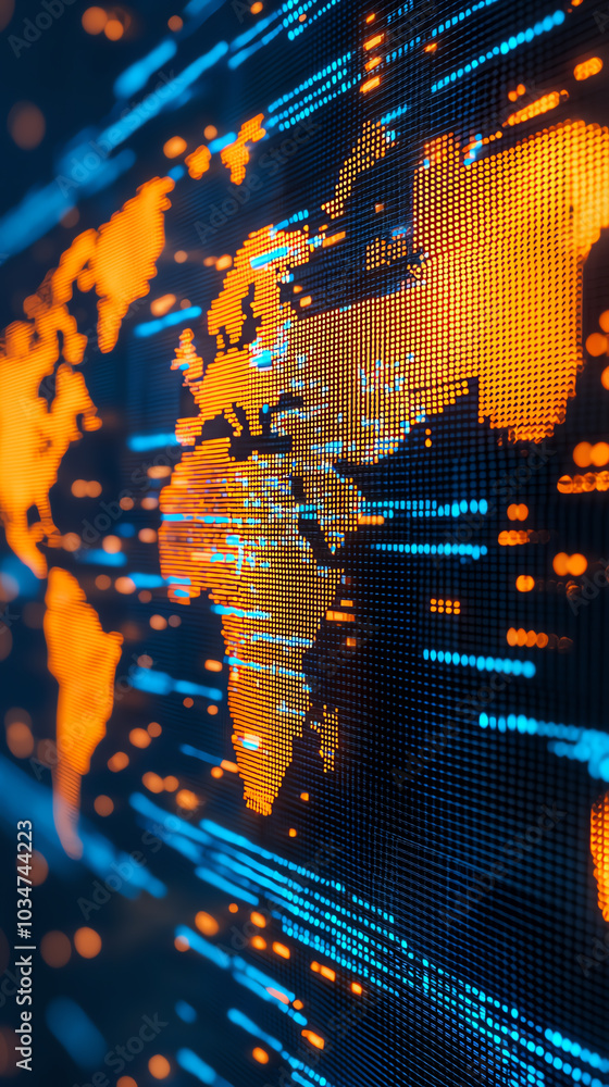 Poster digital world map with glowing data lines