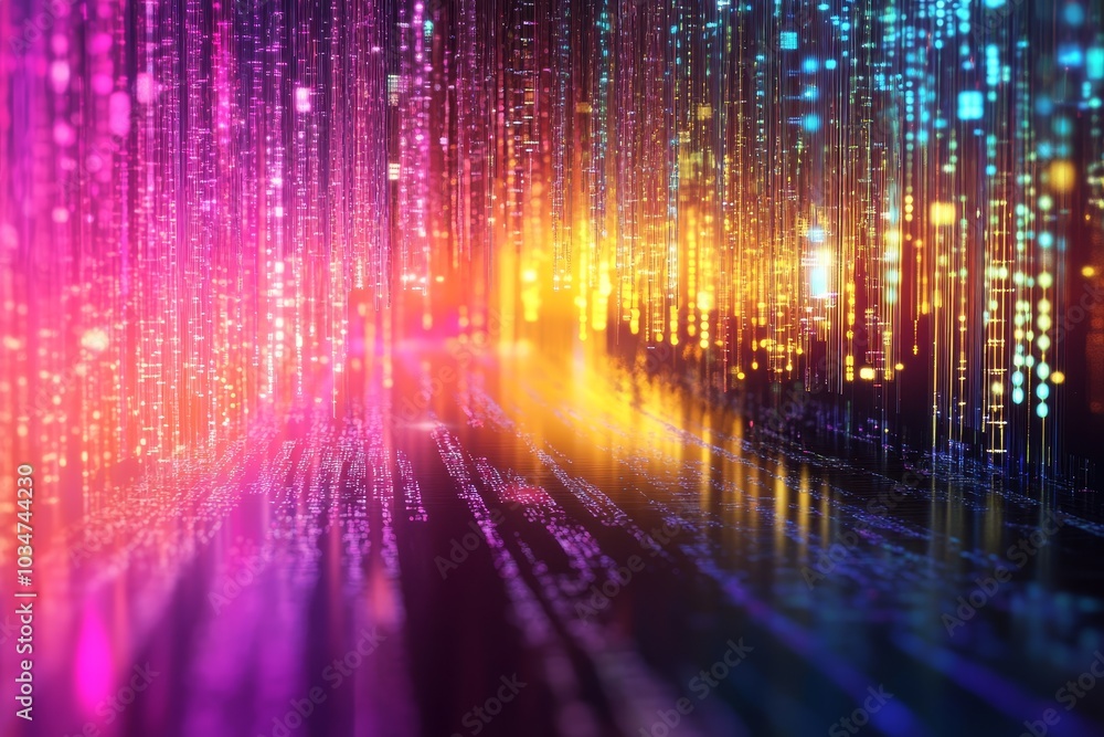 Poster abstract digital background with colorful glowing lines and reflections, creating a futuristic and v