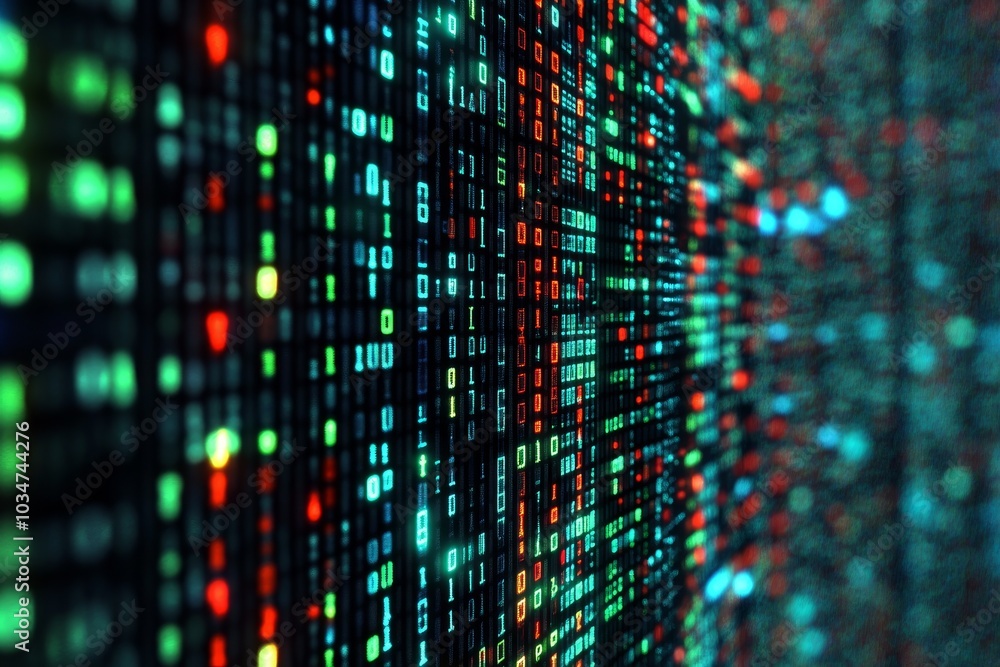 Poster abstract digital background with binary code in green, blue, and red.
