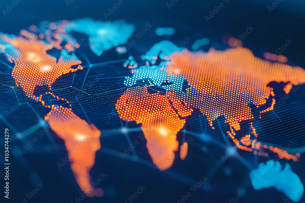 Poster digital world map with glowing nodes