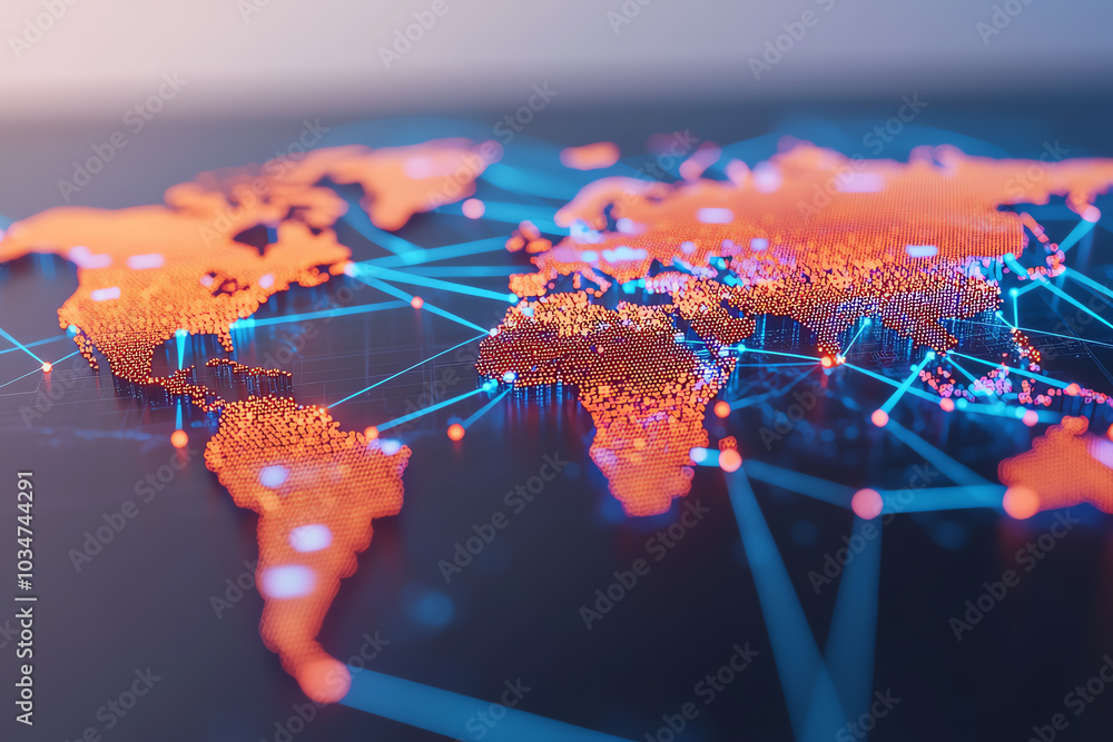 Poster digital world map with network connections.
