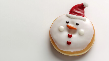 Obraz premium A whimsical snowman-shaped donut showcases a red Santa hat, a cute face, and decorative buttons, perfect for celebrating the holiday season, christmas concept, copy space