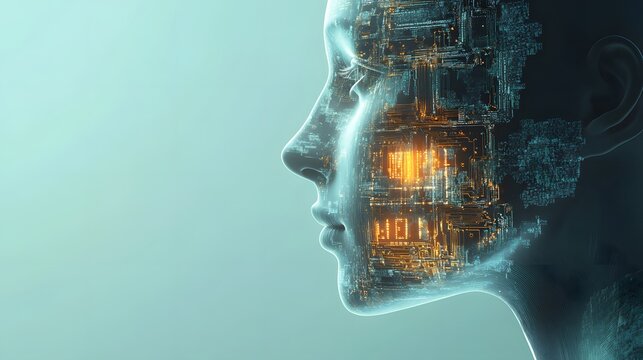 A Digital Human Head Composed of Circuitry and Binary Code