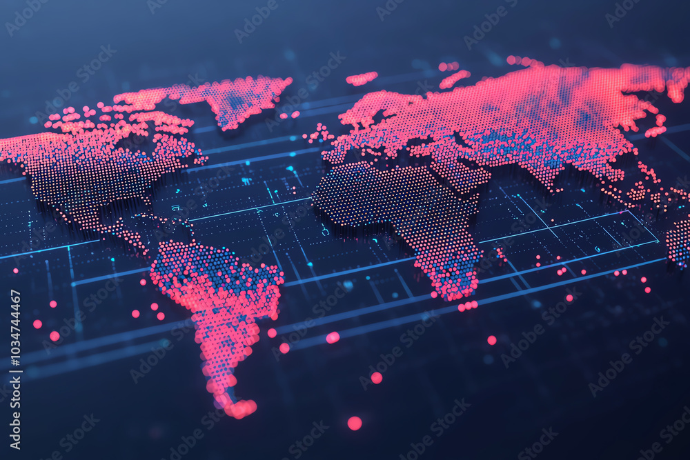 Poster digital world map with vibrant data points.
