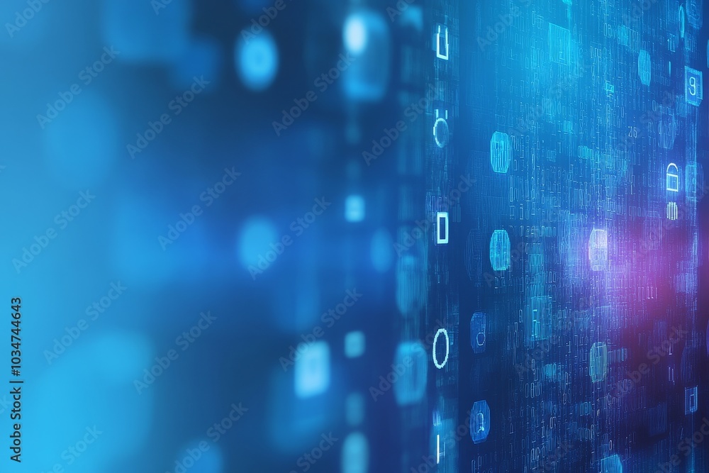 Poster abstract blue background with binary code and digital icons, representing digital technology and dat