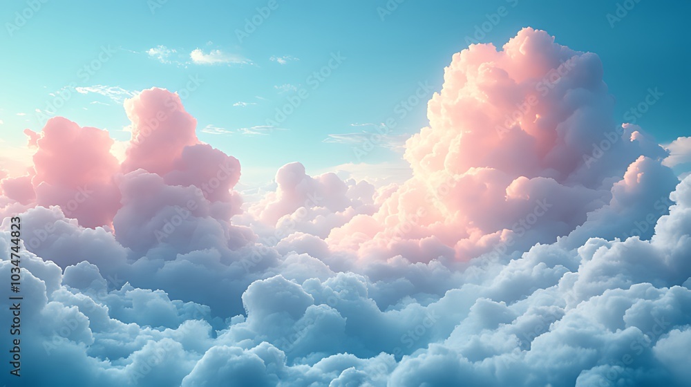 Wall mural pink and white fluffy clouds against a blue sky with the sun shining through.