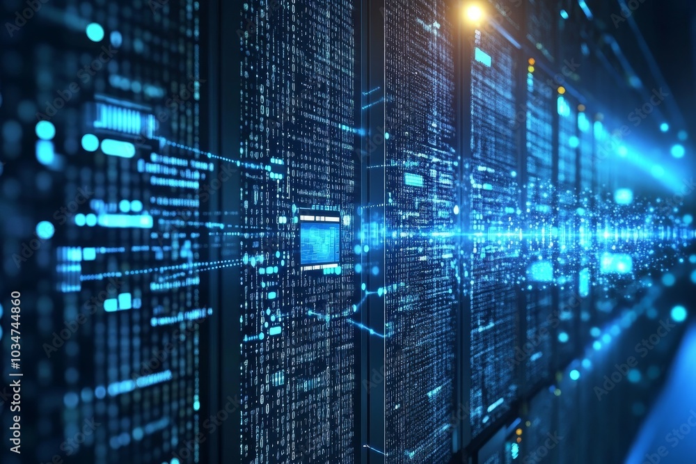 Poster abstract digital data flowing through a server room, representing the vast amount of information pro