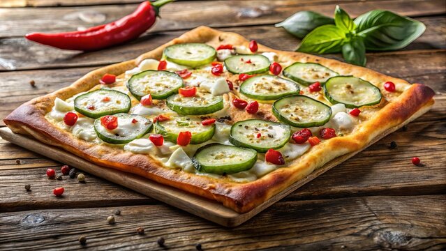 A Crispy Flatbread Topped with Creamy White Sauce, Fresh Cucumber Slices, and Bright Red Pepper Flakes