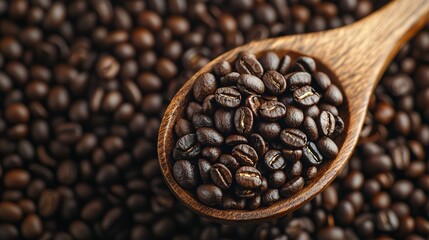 Obraz premium Rustic Wooden Spoon with Natural Coffee Beans