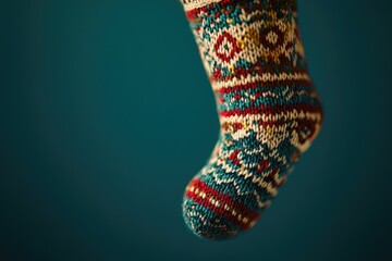 A Close-Up of a Colorful Knitted Sock Against a Teal Background