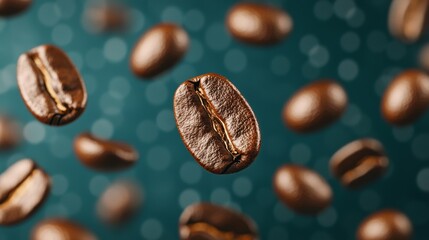 Fototapeta premium Dynamic Coffee Beans in Motion Against Vibrant Background