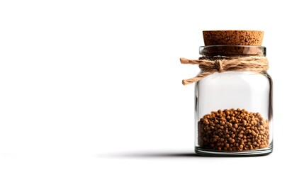 Antique-style spice jar, glass body, wooden cork, old-fashioned label, rustic setting, isolated on white background