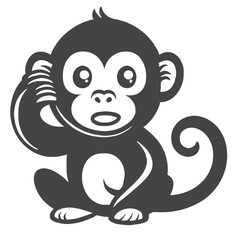 Obraz premium Simple black and white vector illustration of a cartoon monkey with a curious expression, sitting with one hand on its head. Ideal for jungle-themed designs and playful art.