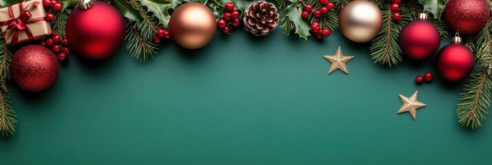 Festive Holiday Decorations with Pine and Ornaments