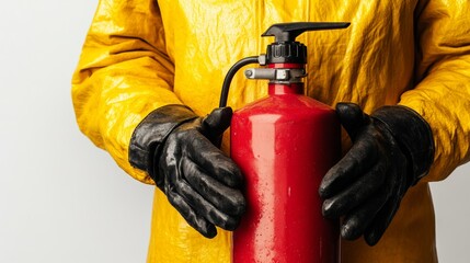 Naklejka premium Firefighter in Protective Gear Holding Fire Extinguisher