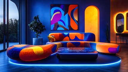 Bold snack chip packaging with abstract neon geometric patterns, resting on a sleek coffee table in a minimalist modern living room, glowing in ambient blue light, futuristic vibe