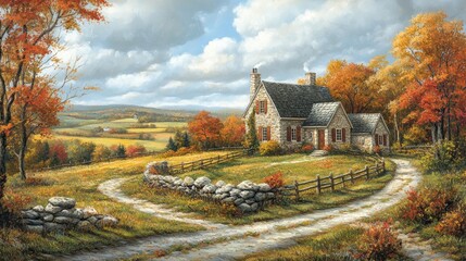 Naklejka premium Stone Cottage Autumn Landscape Painting Rural Home Countryside
