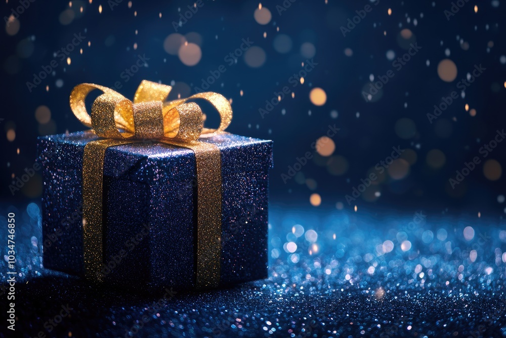 Poster A Blue Glittery Gift Box With a Golden Bow and a Background of Blue and Gold Bokeh