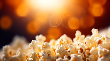 Popcorn fills the foreground, set against a blurred backdrop of cinema seats, evoking the lively atmosphere and excitement of a movie theater, copy space