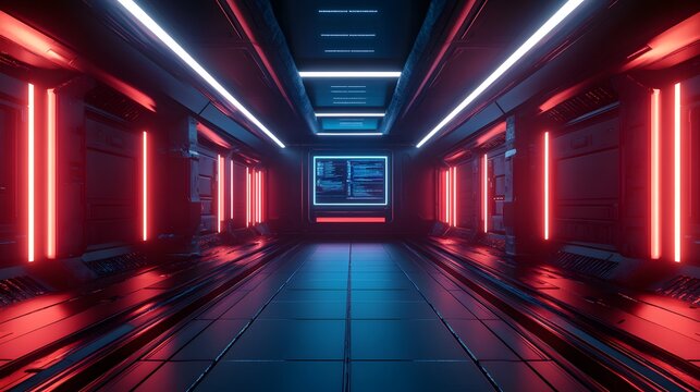 Futuristic Corridor with Red and Blue Neon Lights