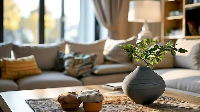 iving room with  a couch ,  a coffee table , and  a vase  with  flowers 
