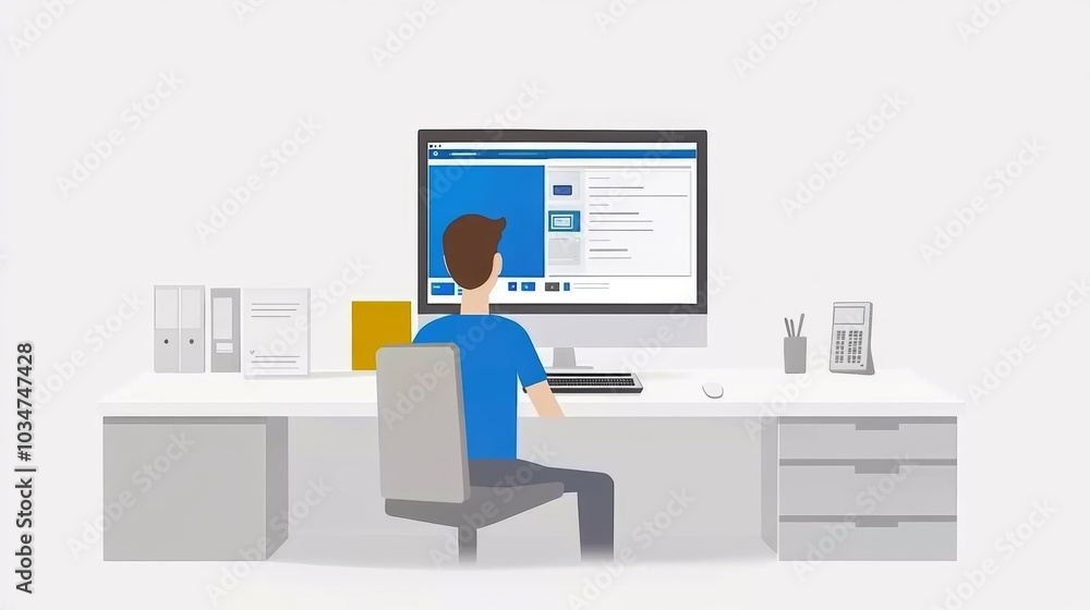 Poster man working on desktop computer in office business productivity illustration