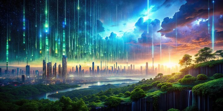 Futuristic Matrix Landscape with Vertically Scrolling Numbers and Digital Rain Effect, Enigmatic Atmosphere, Tech-Inspired Scenery, Abstract Digital World, Cyberpunk Vibes, High-Tech Aesthetics