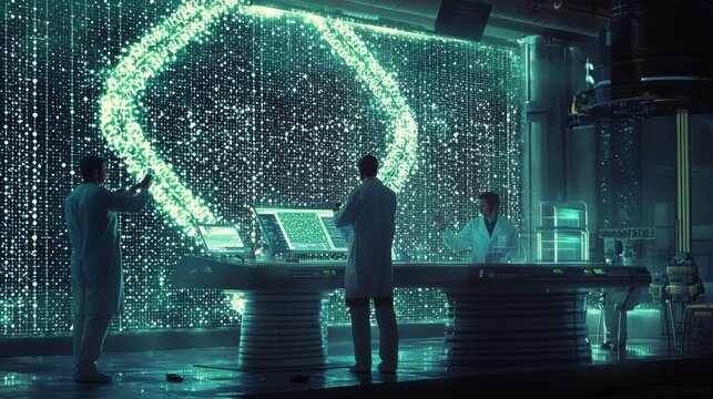 Holographic genome scanning station with researchers manipulating digital DNA strands in real time - Powered by Adobe