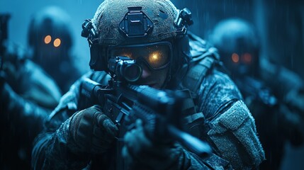 Fototapeta premium A group of soldiers, equipped with tactical gear and illuminated goggles, stealthily navigates a dark, rain-soaked setting on a military mission.