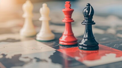 Complex geopolitical tensions visualized through strategic chess pieces representing China and Japan on global map illustrating ongoing trade conflicts impacting international commerce.