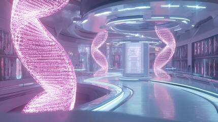 Futuristic genomics facility with floating holoscans of DNA sequences and interactive gene-editing displays