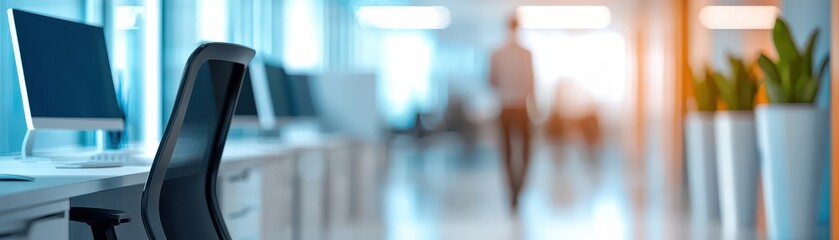 Blur background of modern business office. Sleek design and technology with open workspace and contemporary architecture. Office interior. Clean and minimalistic design. Modern corporate environment.