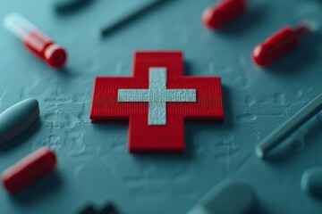 First aid tools arranged to depict emergency medical care. Safety, healing, and precision in healthcare and emergency response. Critical role of healthcare professionals in patient treatment.