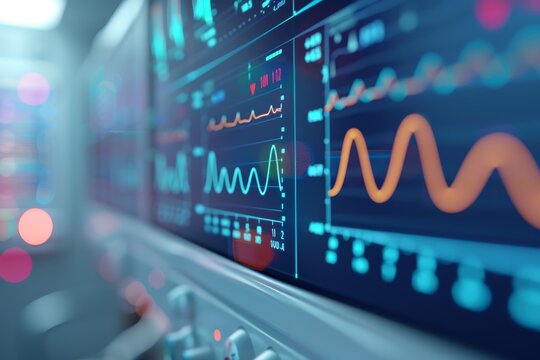 Close-up interface of medical monitors. Glowing screens and data curves used to track patient care in modern hospitals. Role of health technology. Hospital medical equipment displaying vital statistic