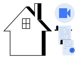 House outline with chimney and window, accompanied by a blue video camera icon and a document with a check mark. Ideal for real estate, online meetings, home loans, virtual tours, digital contracts