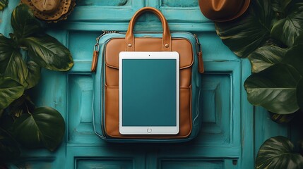 A tablet resting on a stylish bag against a vibrant background, suggesting travel or work.