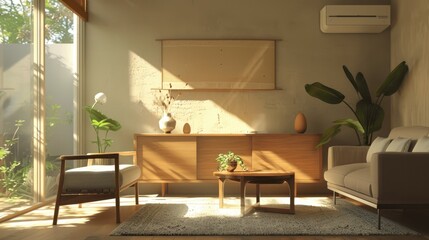 Fototapeta premium Sunlight streams into a peaceful and minimal living room.
