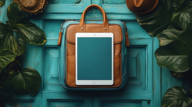 A tablet resting on a stylish bag against a vibrant background, suggesting travel or work.