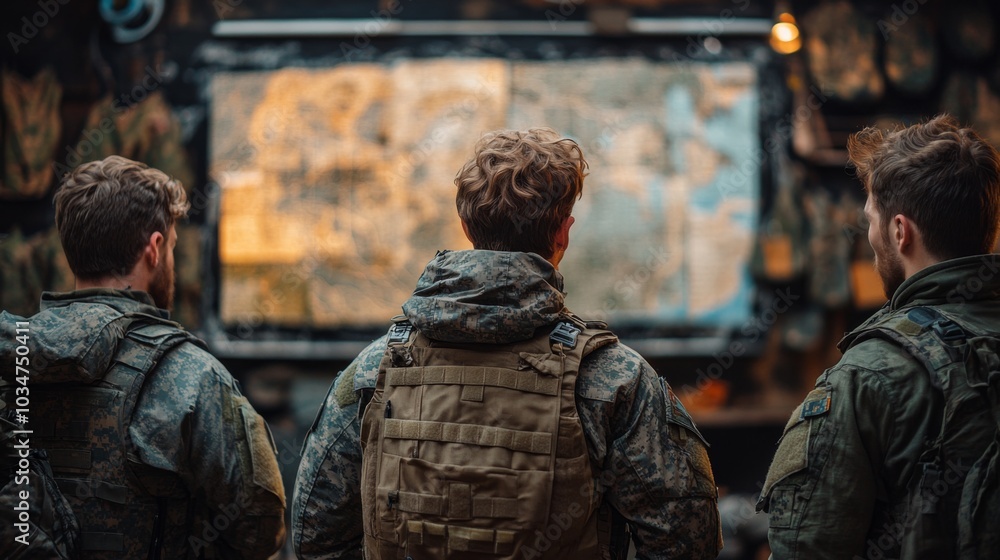 Aufkleber a group of soldiers stands in a dimly lit operations center, closely examining a large tactical map 