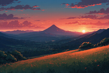 Fototapeta premium Dusk with horizon line and red sky at the top of the mountain. In anime style