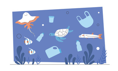 Ocean pollution concept. Turtles and fish swim underwater near plastic bottles and bags. Garbage and trash in sea. Plastic pollution. Flat vector illustration isolated on white background